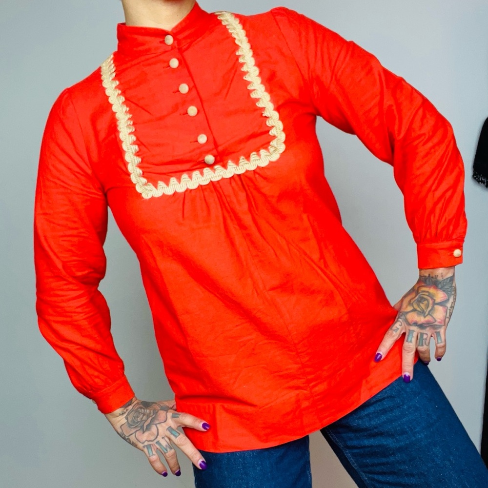 70’s Vintage Blood Orange Raffia Trim Linen Women's Button-Down Tunic Top S 36B